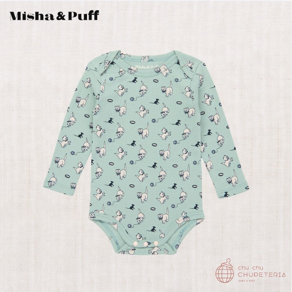 Misha & Puff】Baby Long Sleeve Lap Onesie - Sage Cat & Mouse (25WI