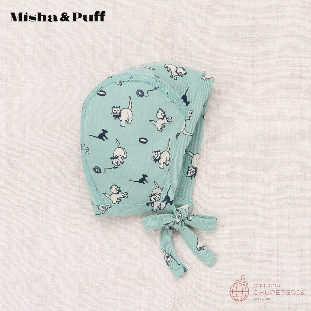 Misha & Puff】Baby Pima Bonnet - Sage Cat & Mouse (25WI Drop1