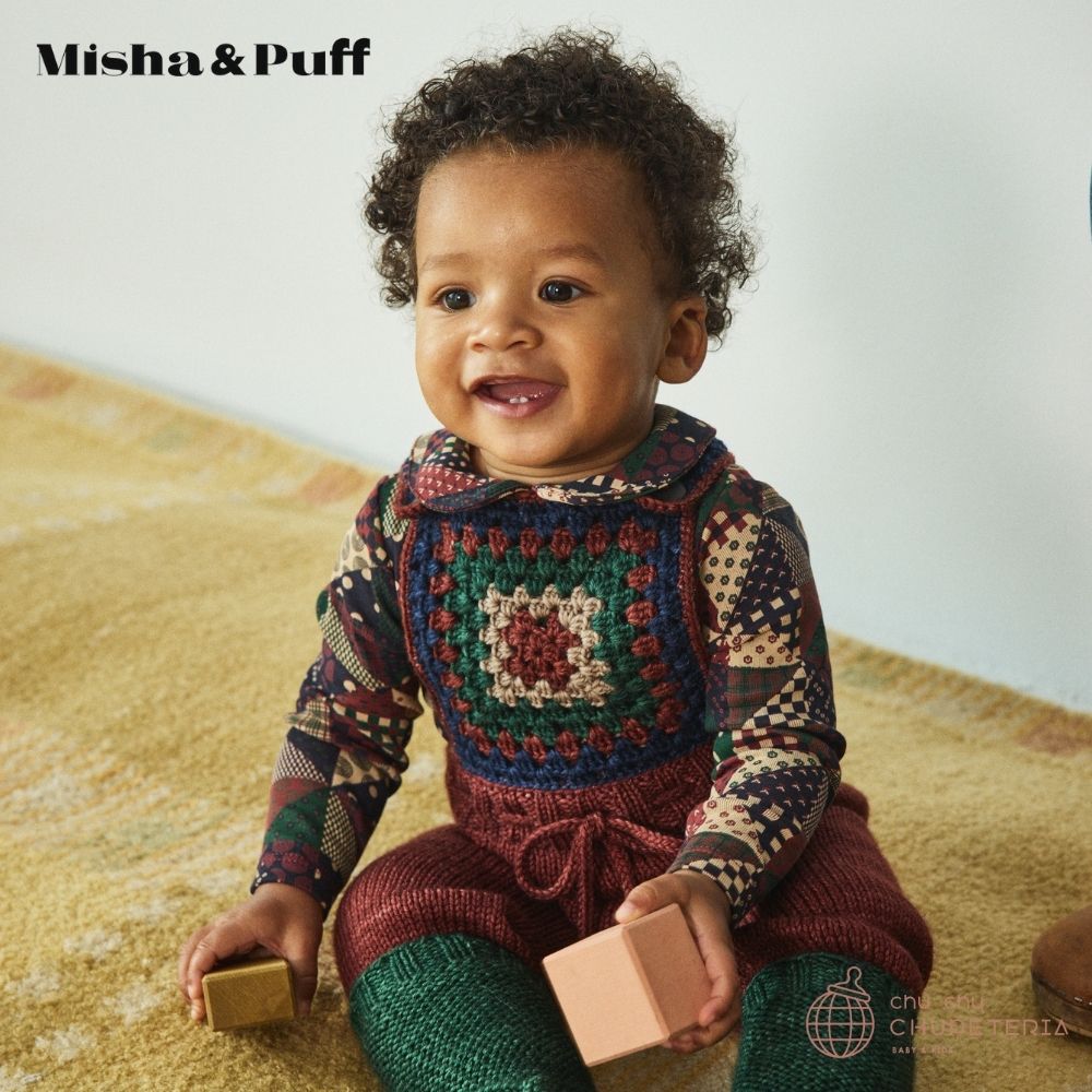 Misha & Puff】Baby Petit Collar Onesie - Madder Root Patchwork