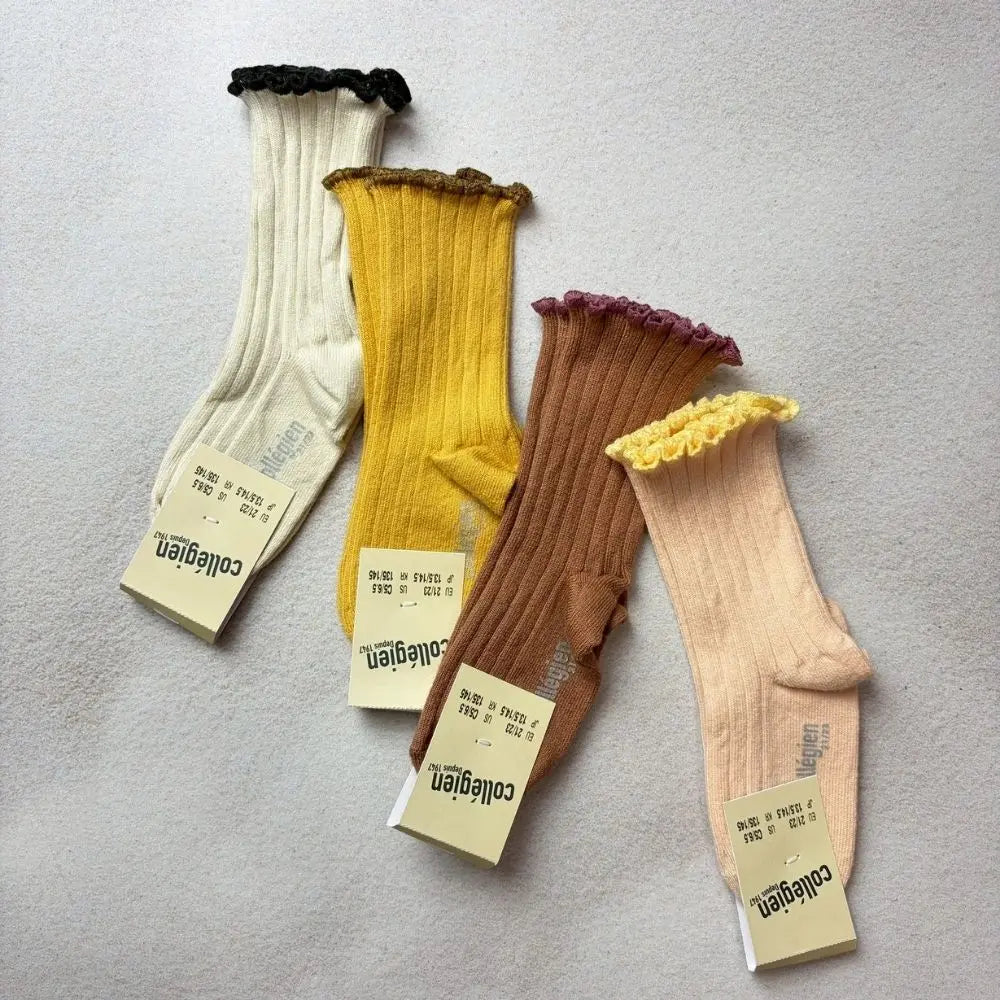Collegien】Delphine - Lettuce Trim Ribbed Socks - Mocha Mousse