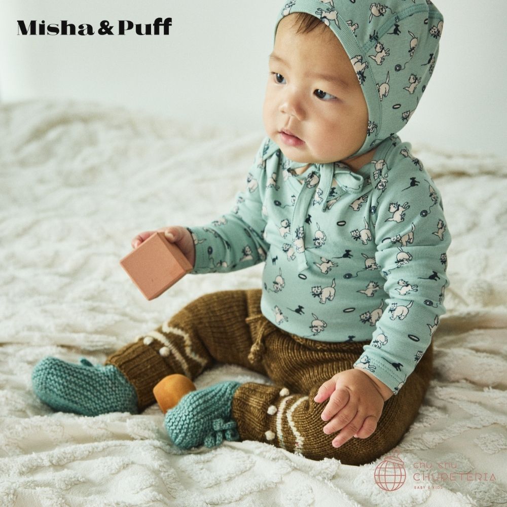 Misha & Puff】Baby Pima Bonnet - Sage Cat & Mouse (25WI Drop1