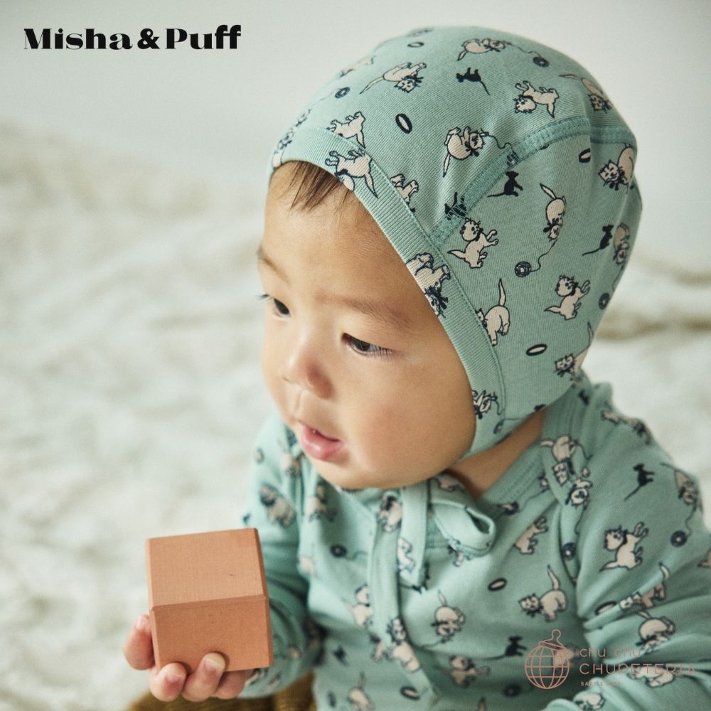 Misha & Puff】Baby Pima Bonnet - Sage Cat & Mouse (25WI Drop1