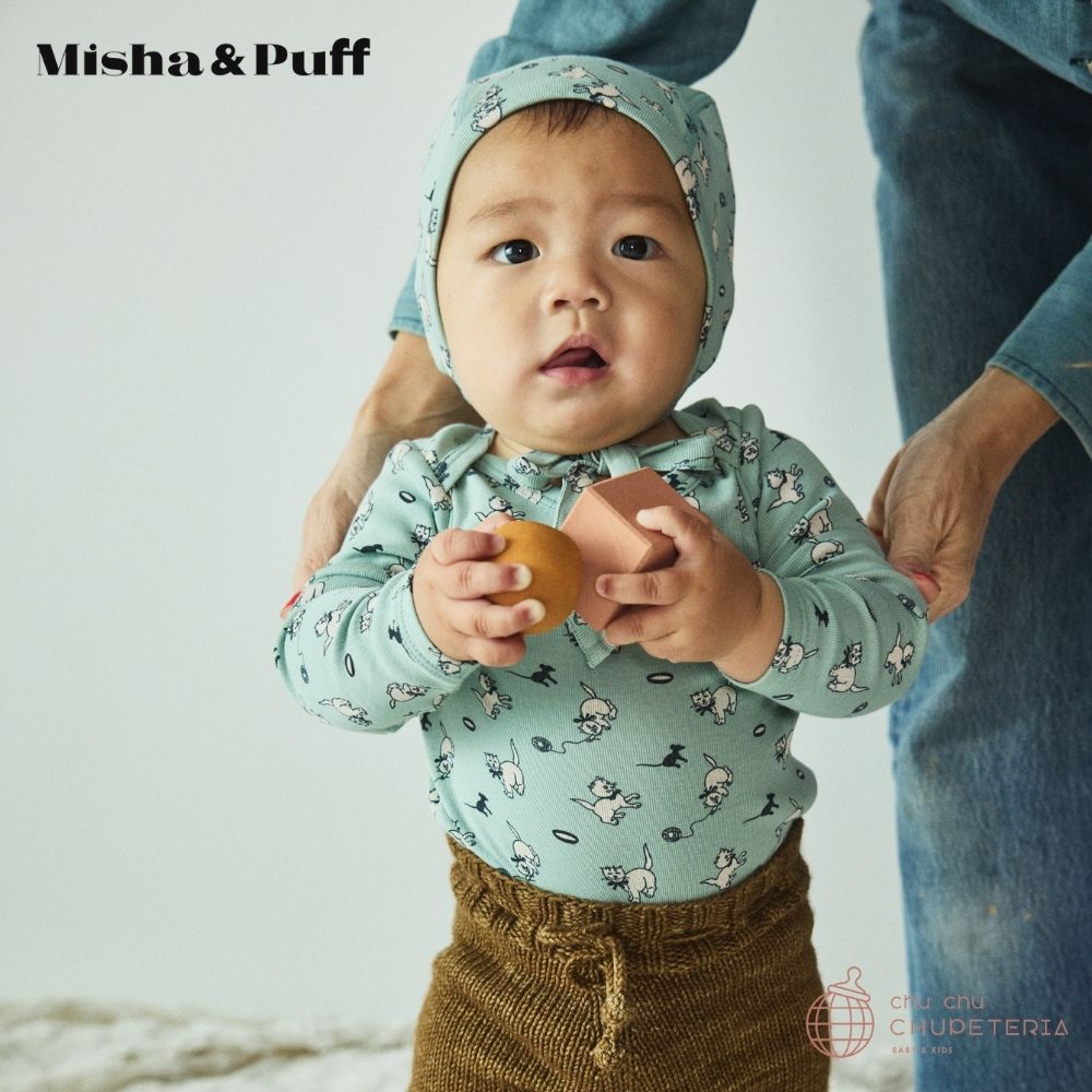 【Misha & Puff】Baby Long Sleeve Lap Onesie - Sage Cat & Mouse (25WI Drop1) _2 _ chu chu CHUPETERIA