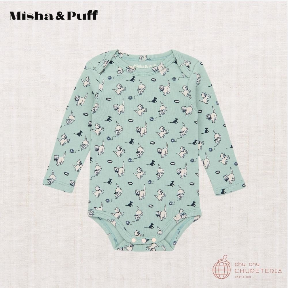 【Misha & Puff】Baby Long Sleeve Lap Onesie - Sage Cat & Mouse (25WI Drop1) _1 _ chu chu CHUPETERIA